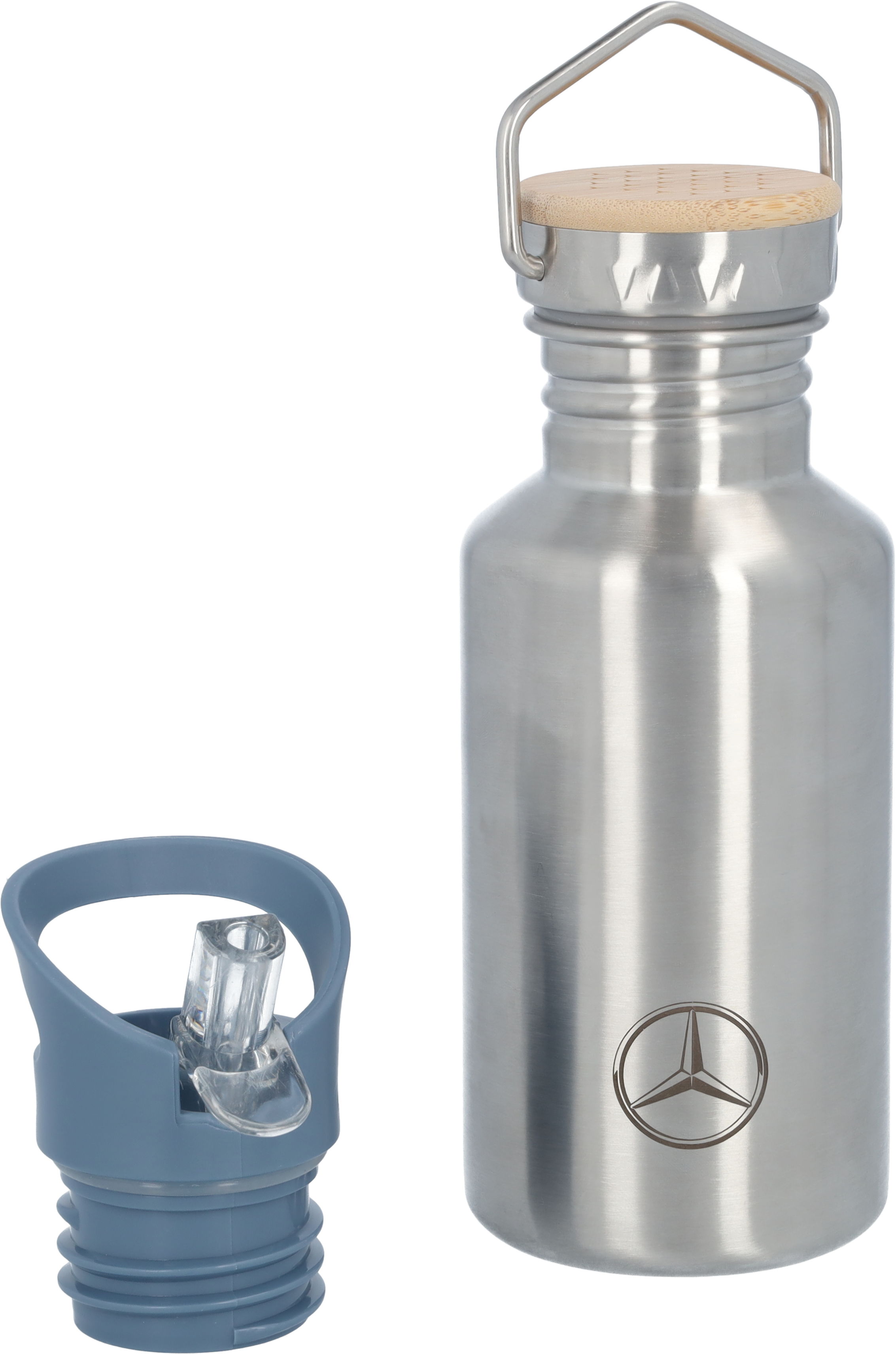 Gourde enfant, Mercedes-Benz - argenté / bleu, Acier inoxydable / Bambou / Polypropylène, Lässig