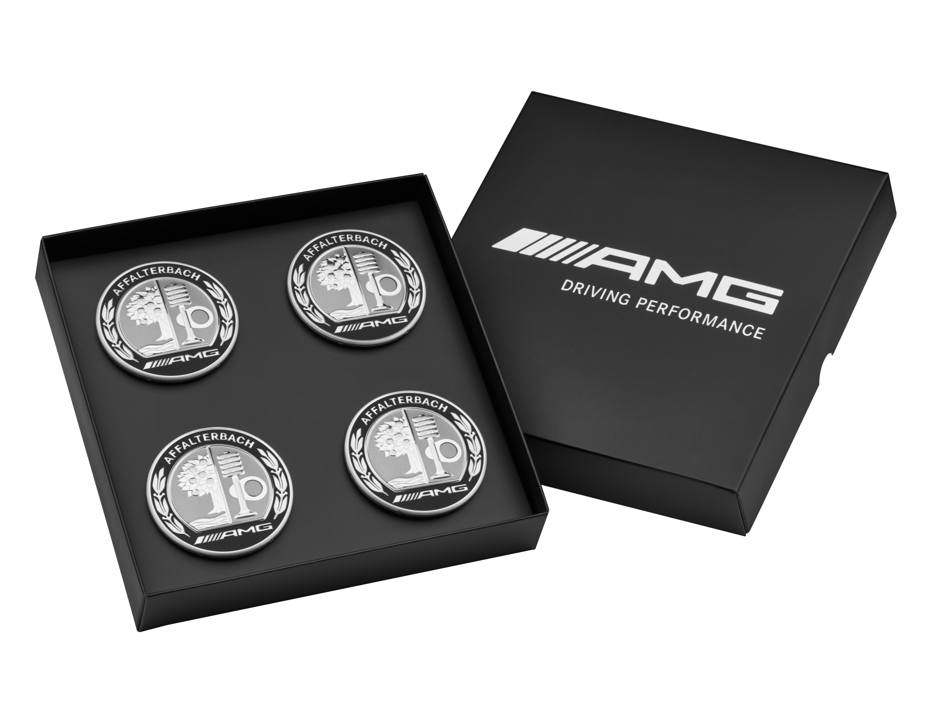 Cache-moyeux AMG, Avec blason AMG, Jeu de 4, pour diamètre de trou de centrage de 66,8 mm - argenté / noir