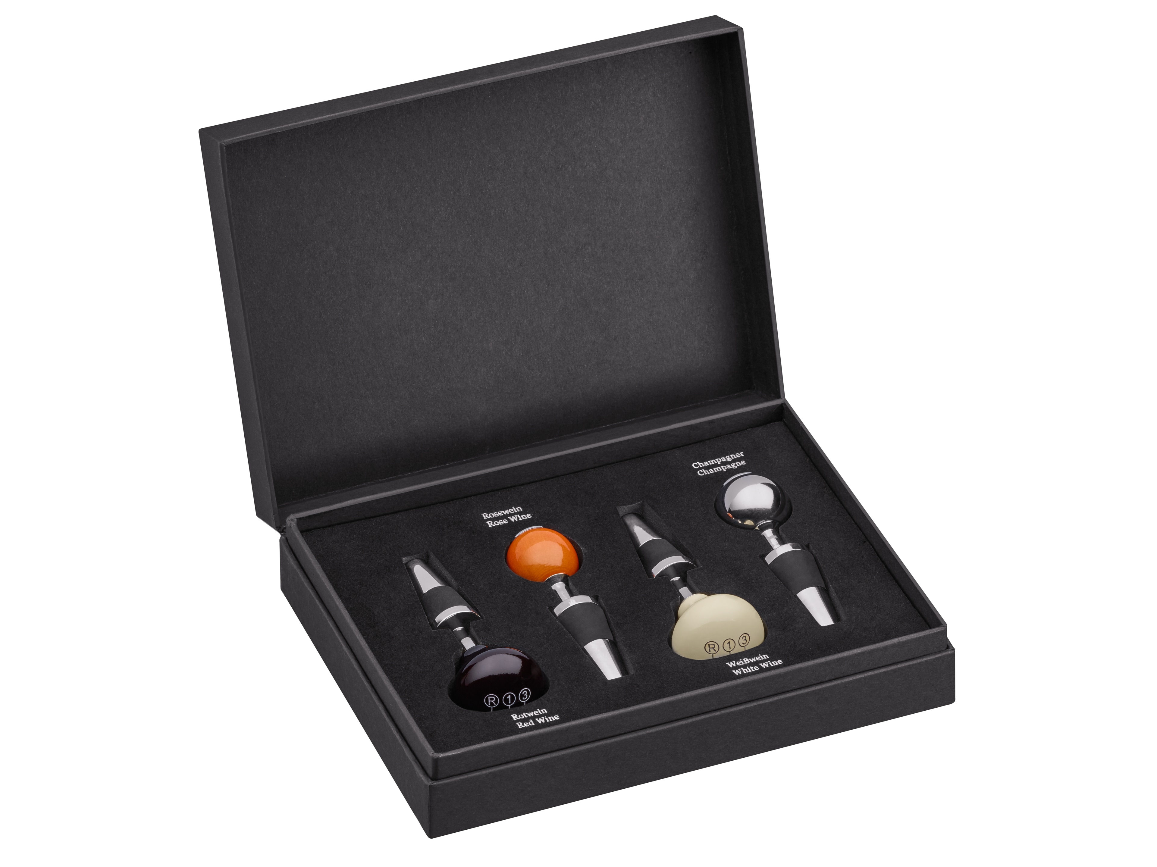 Bouchons à vin, Jeu de 4 - argenté / ivoire / grenat, Acier inoxydable / Bois